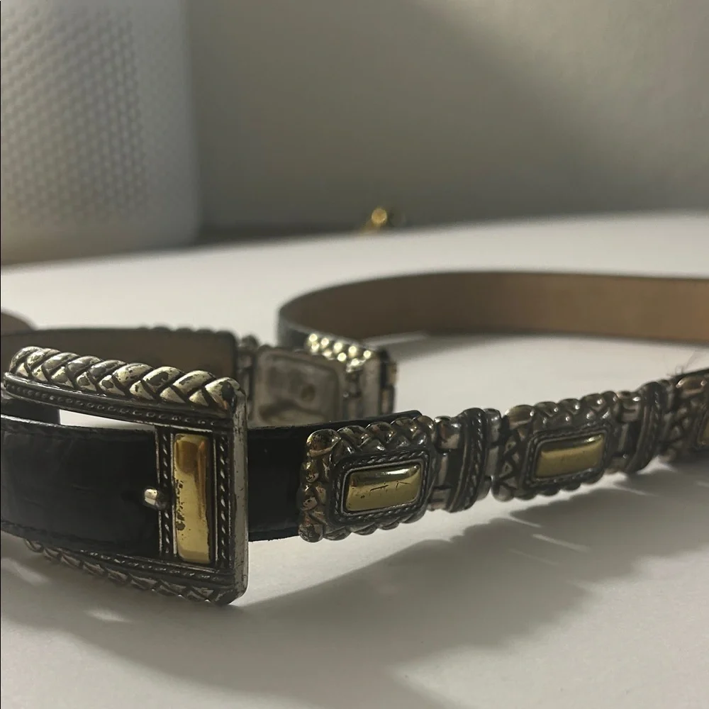 Vintage Brighton Black Genuine Leather and Silver Metal Belt